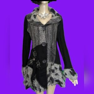 Sioni Studio Bohemian Cardigan Black & Grey Mixed Fabric Front Button Medium